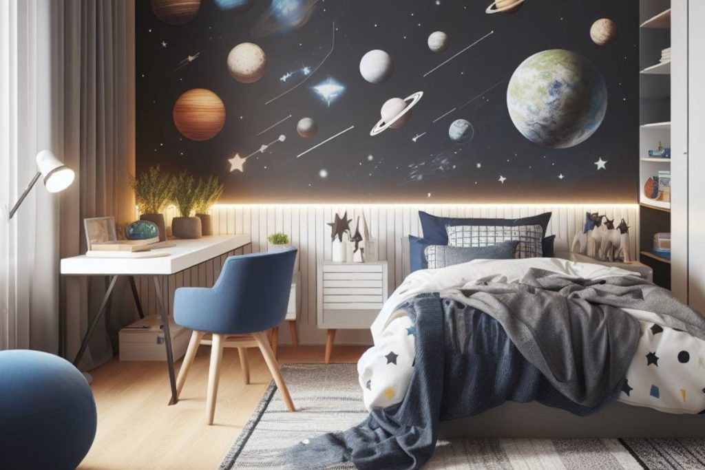 Quarto de menino decorado com o tema espaço e astronomia