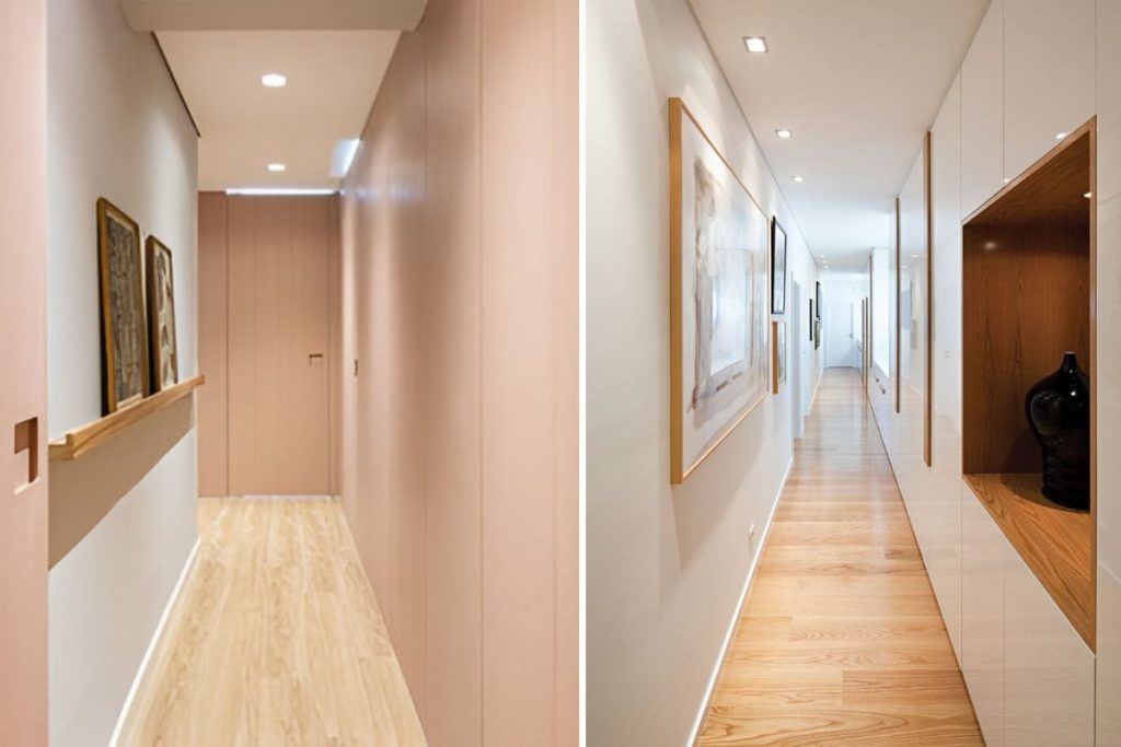 Como decorar corredores pequenos com cores: Rosa e branco e tons claro de madeira.