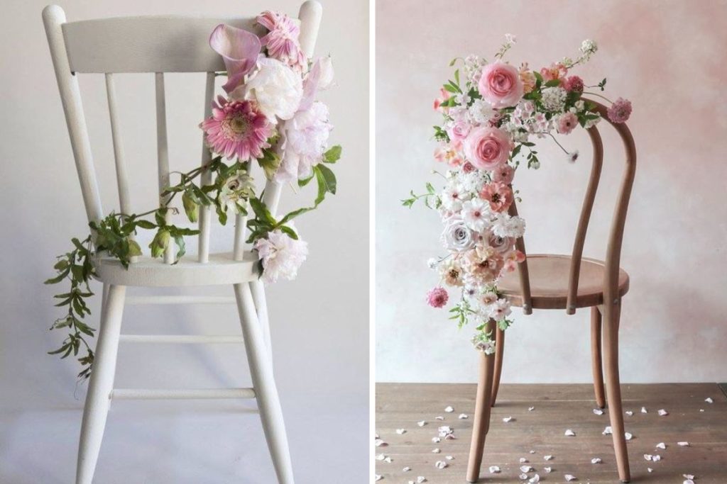 Cadeira de mãe decorada com arranjo de flores 