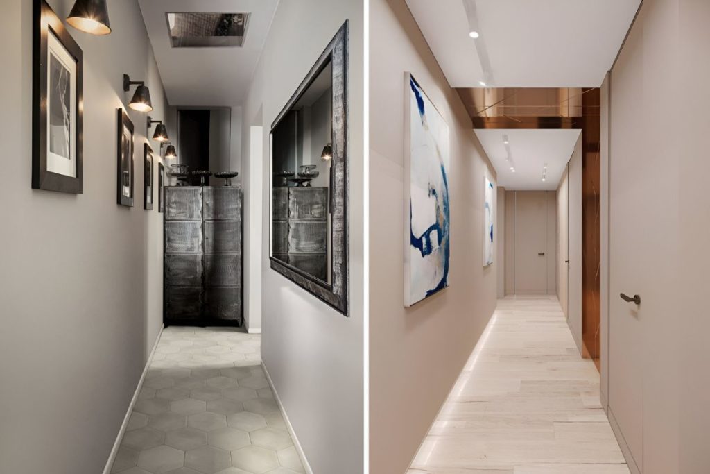 Como decorar corredores pequenos: Corredores com quadros na parede com iluminação em destaque.