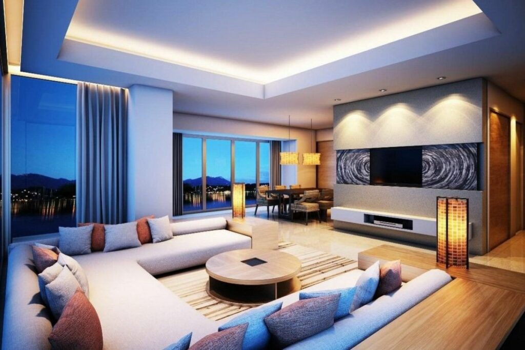Sala de estar com combinação de iluminação.